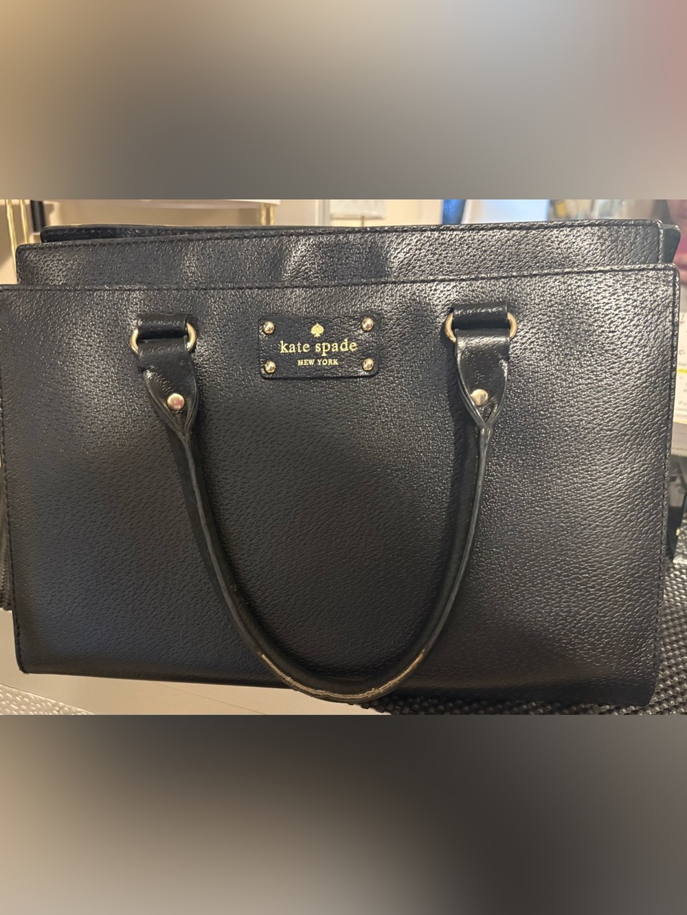kate spade Black Leather Satchel with Gold Plaque